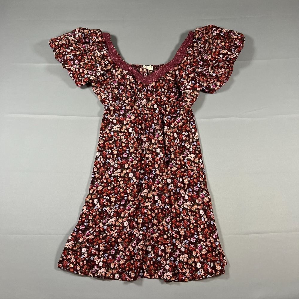 Pie In The Sky Mini Dress Womens Medium Multi Floral Puff Sleeve Sweetheart Neck